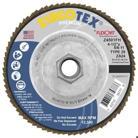 Flexovit FLAP DISC ZIRCOTEX 4-1/2inX5/8-11 Z4501FH